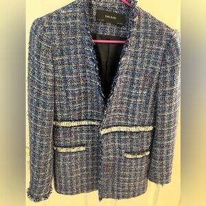 Zara Blue Tweed Frayed-Edge Blazer
